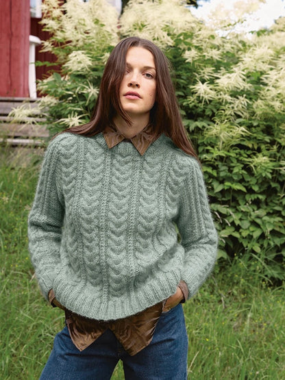 Alba Sweater | fluffy soft cable pattern made from Kos and Tynn Silk Mohair by Sandnes Garn
